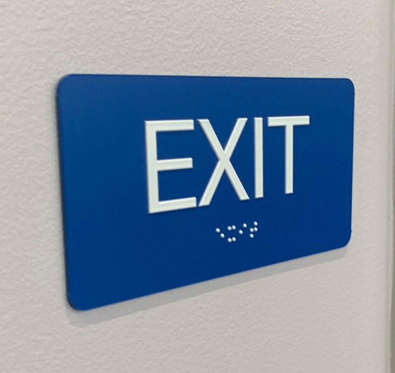NapTags NAP TAGS ADA-compliant Exit Sign (6" x 3"). Features raised text and Braille on a blue background. Durable, easy to install, and perfect for any indoor facility. - Image 2